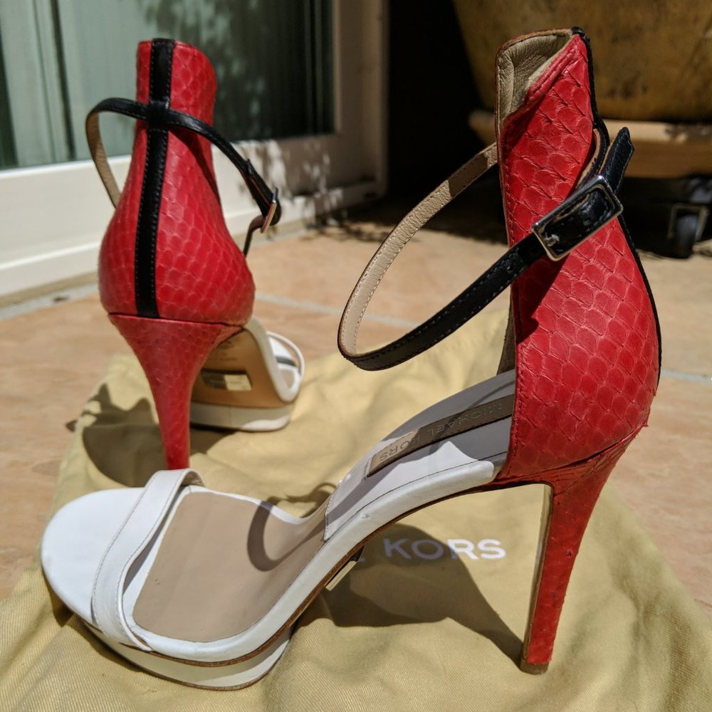 Michael Kors Doris Optic White Scarlet Palladium Leather & Snake Skin Stilettos